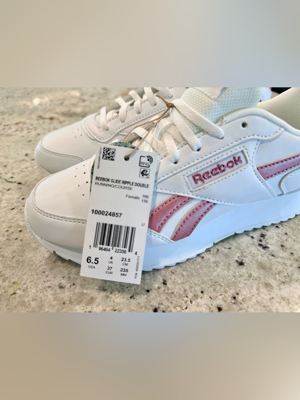 Reebok Women's White Sneakers with Pink shimmer Stripes - "Glide Ripple Double"